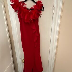 Betsy & Adam Red Feather-Trim Ruffle Maxi Dress